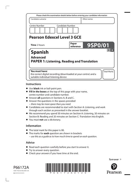 Pearson Edexcel A Level 3 Gce 9sp001 Spanish Advanced Paper 1