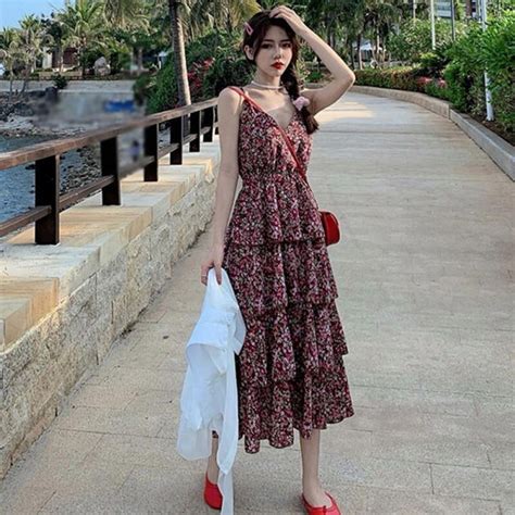 100 Authentic Latest Korean Fashion Elegant Temperament V Neck Chiffon Printing Beach Dress