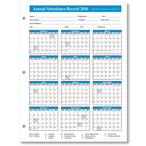 Get Printable Calendar 2016 Employee Attendance Calendar Printable