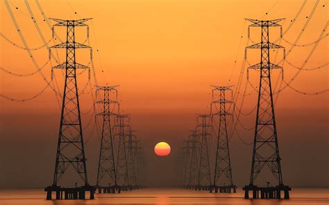 Black Transmission Posts Sunset Sun Power Lines Electricity Hd