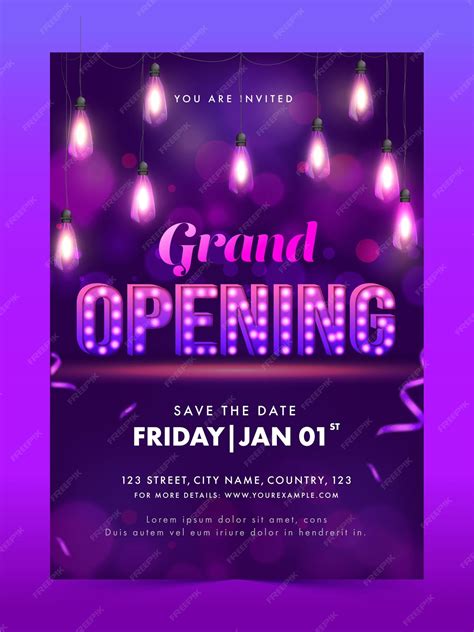 Premium Vector Grand Opening Flyer Design With Hanging Illuminated Bulbs