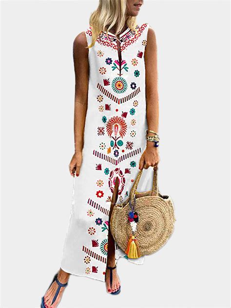 Women Printed V Neck Summer Floral Bohemian Dress