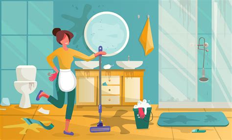 Yound Woman Cleaning Dirty Bathroom Housewife Mopping Floor Or Washing