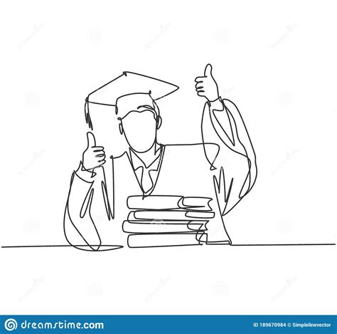 One Line Drawing Of Young Happy Graduate Male College Student Wearing