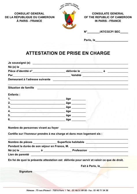 Consulat Du Cameroun à Paris Attestation De Prise En Charge