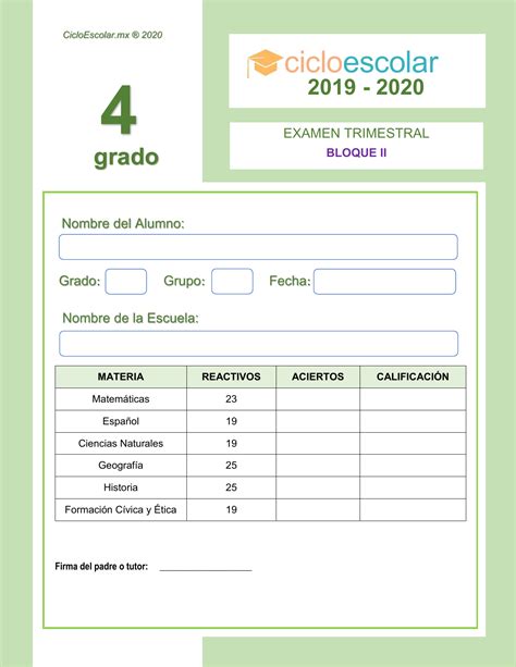 Examen Trimestral Cuarto Grado 2018 2019 Ciclo Escolar Centro De