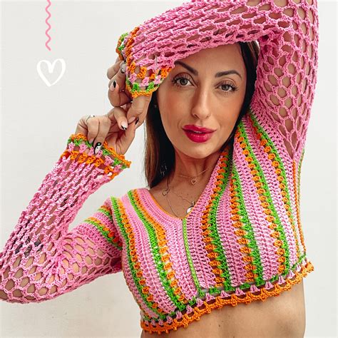 vídeo aula cropped de crochê tropical vestuário feito com fio bella 100 algodão