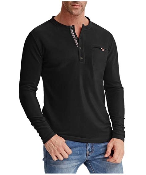 Mens Henley Shirts Slim Fit Long Sleeve Crew Neck Shirt Top Black