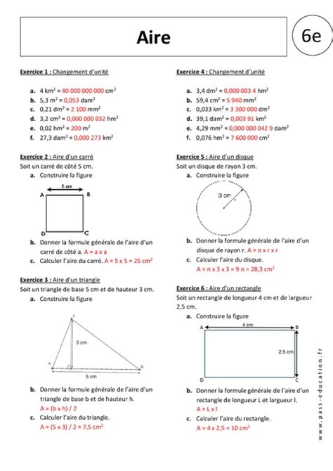Aire Exercices Corrigés 6ème Grandeurs Et Mesures Collège