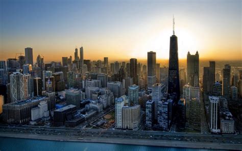 Chicago Buildings Skyscrapers Aerial Sunset Hd Wallpaper Man Made