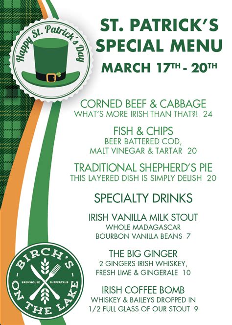 St Patrick S Day Special Menu March Th March Th Birch S On The