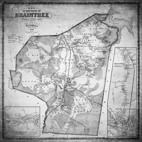 Braintree Norfolk County Massachusetts Vintage Map 1856 Black And White