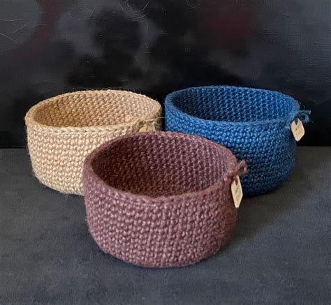 Set Of 3 Crochet Jute Bowls Handmade From 3 Ply Coloured And Etsy Uk
