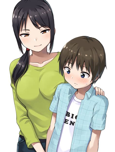 Safebooru Boy Girl Age Difference Black Hair Blue Eyes Blush Brown Hair Commentary Hand On