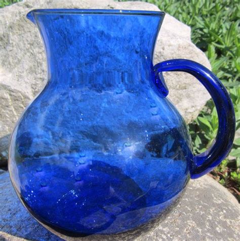 Cobalt Blue Art Glass Pitcher Hand Blown Pontil Bottom Applied Handle Vintage Blue Glass