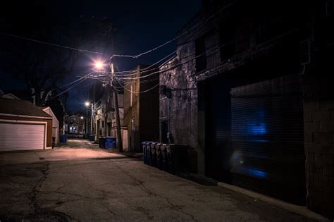 Dark Empty And Scary Urban City Street Alley With Vintage Buildings And