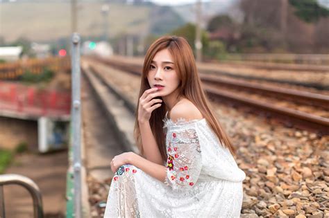 Wallpaper Asian Model Brunette Long Hair Railroad Track Urban Women Outdoors 2048x1365