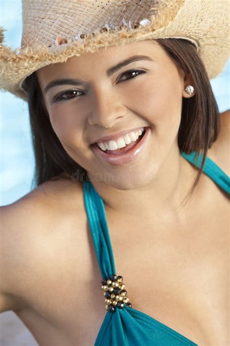 Beautiful Latina Woman Bikini Cowboy Hat Stock Photos Free Royalty