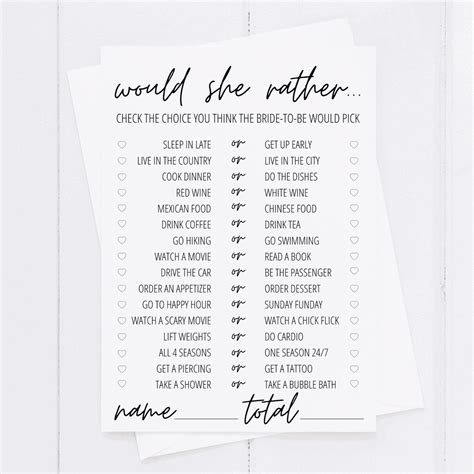 Would She Rather Bridal Shower Game Free Printable Printable Templates