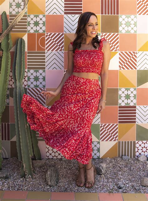 Sydne Style Wears Matching Skirt Set In Red Crop Top And Midi Skirt
