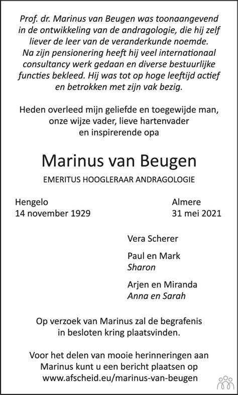 Marinus Van Beugen 31 05 2021 Overlijdensbericht En Condoleances