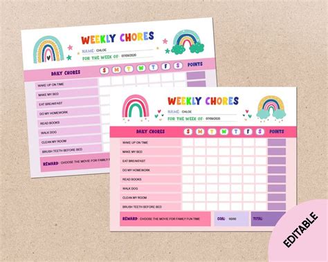 Editable Rainbow Weekly Chore Chart Printable Reward Chart For Kids