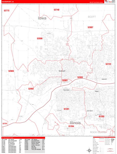 Davenport Iowa Zip Code Wall Map Red Line Style By Marketmaps Mapsales