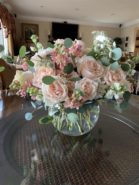 Bubble Bowl Full Of Peach And White Stock And Garden Roses Spring