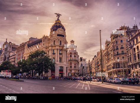 Madrid Spain Cityscape At Calle De Alcala And Gran Via Stock Photo