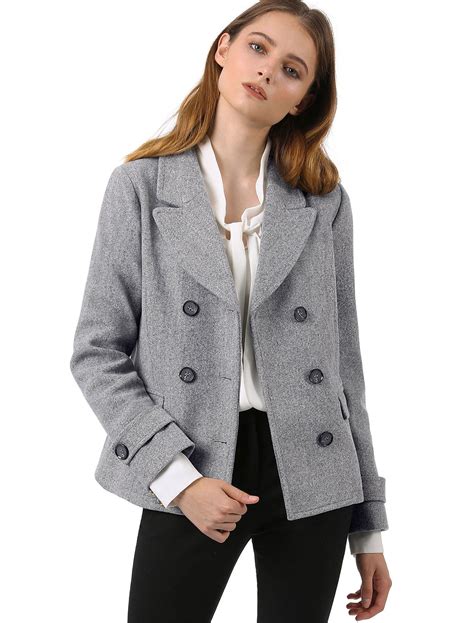 Unique Bargains Womens Double Breasted Pea Coat Size M 10 Grey