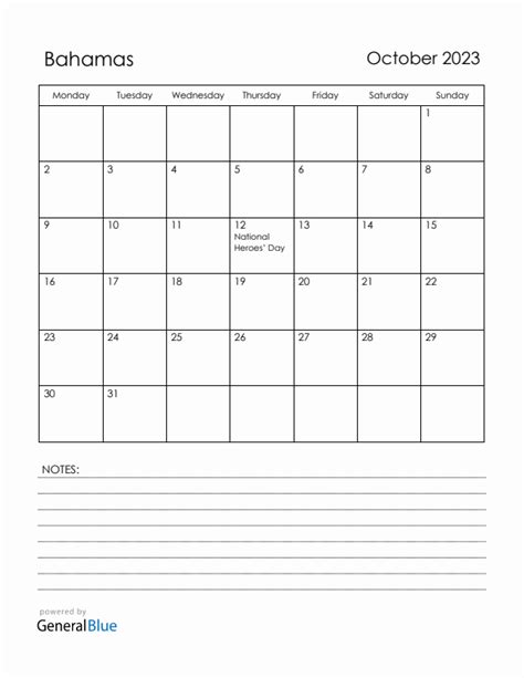 October 2023 Bahamas Calendar With Holidays