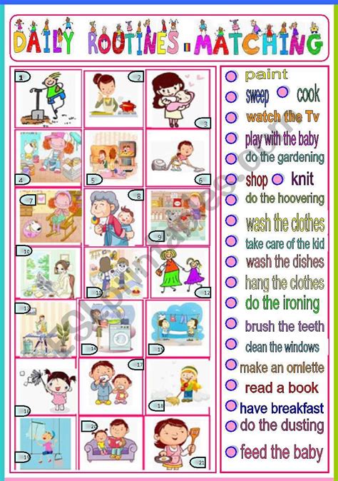 Daily Routines Vocabulary Matching Exercise Worksheet Images