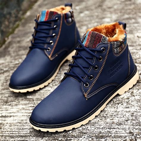 Men Winter Boots Waterproof Fashion Blue Boots With Fur Warm Lace Up Cheap Casual Flat Boots