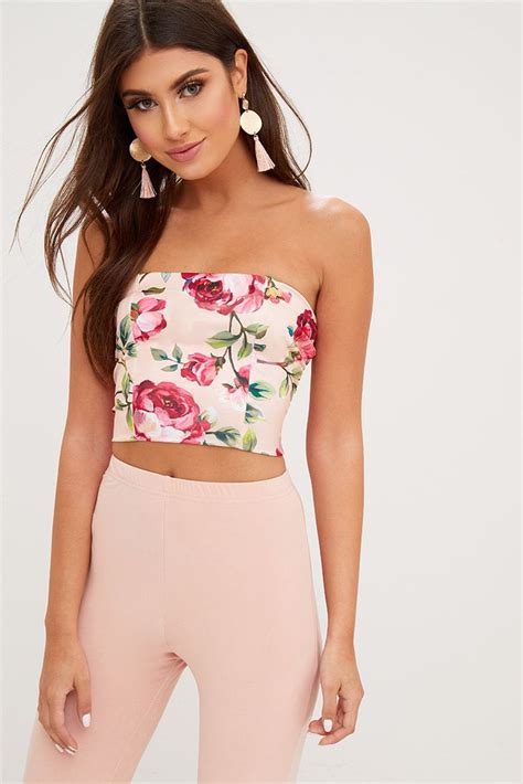 Pink Floral Printed Bandeau Crop Top Printed Bandeau Bandeau Crop Top Cute Tops