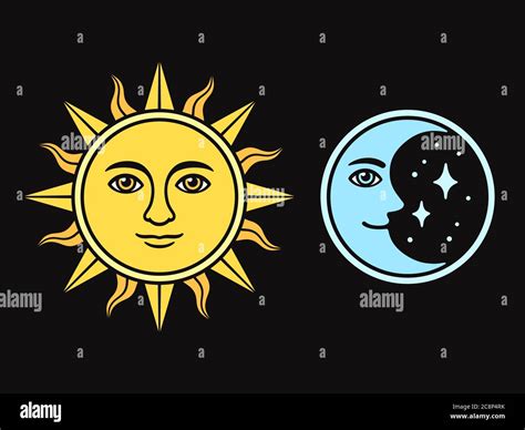 Sun And Moon With Face Vintage Style Drawing On Black Background