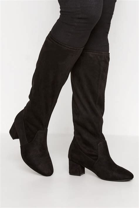 Black Faux Suede Stretch Knee High Boots In Wide E Fit Extra Wide EEE