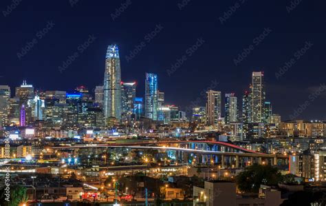 San Francisco Skyline Night View With City Lights The Bay Bridge And