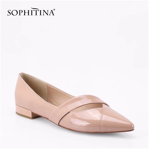 Sophitina Handmade Flats Cow Patent Leather Elegant Pointed Toe Flats Nude Slip On Wedding