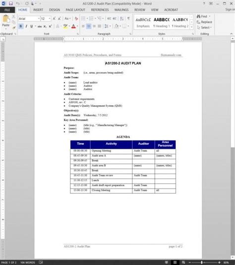 Audit Plan As9100 Template As1200 2 How To Plan Words Templates