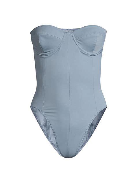 norma kamali synthetic corset one piece strapless swimsuit in soft blue blue lyst