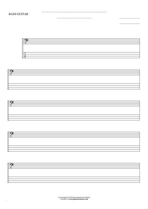 All instrumentations piano, vocal and guitar (32) concert band (26) choral satb (24) brass ensemble (23) marching band (20) piano solo (17) easy piano (16) guitar notes and tablatures (14) piano, voice (8) ukulele (5) stationery (5). Free Blank Sheet Music - Notes and tablature for bass guitar | PlayYourNotes | Blank sheet music ...