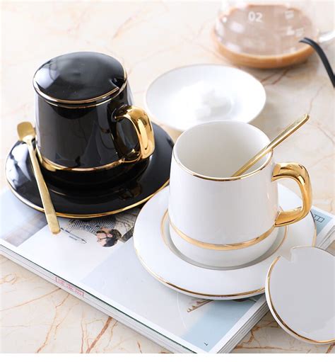 Nordic Ceramic Mug Gold Handle Luxury Coffee Mug Lid Classic Tea Cups