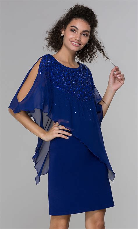 Short Wedding Guest Dress With Sequin Chiffon Capelet
