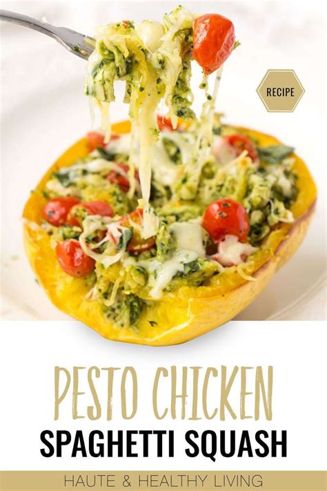 Easy Pesto Chicken Stuffed Spaghetti Squash Haute And Healthy Living