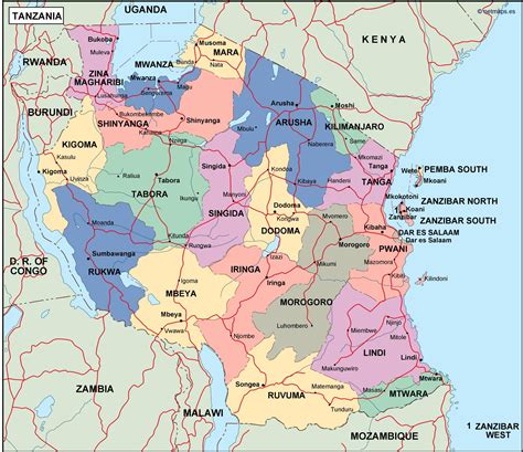 Tanzania Digital Vector Political Map With Internal D
