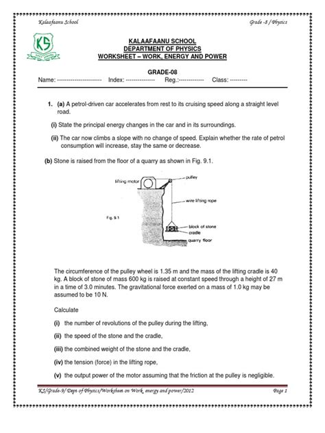 Work Energy And Power Worksheet Pdf Potential Energy Power Station