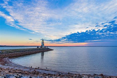 Sunset View Of The Lighthouse In Lake Hefner Stock Photo Image Of