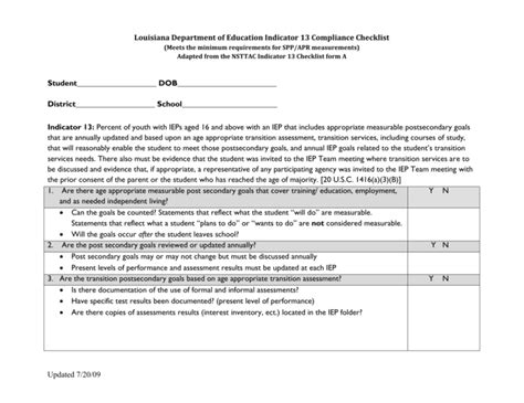 Louisiana Department Of Education Indicator 13 Compliance