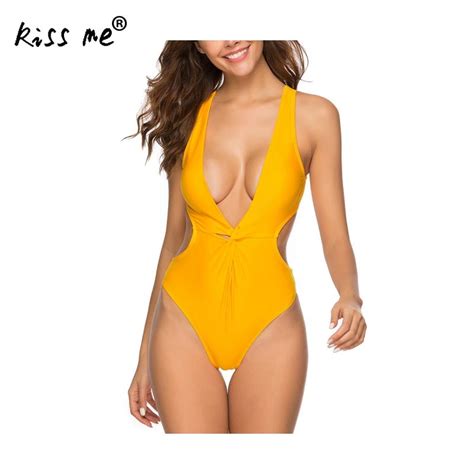 Yellow One Piece Swimsuit Women Backless Hollow Beach Wear Deep V