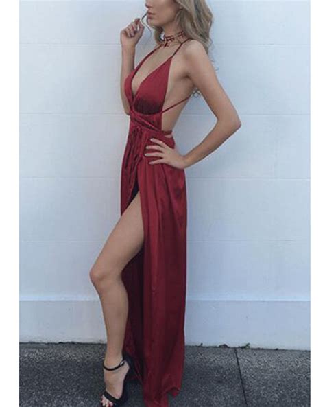 Sexy Deep V Neck Burgundy High Split Prom Dress Women Long Party Gown